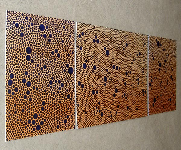 Original Three Panel Painting - Dark Blue Dots On Tan Gradiation Artwork