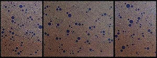 Original Three Panel Painting - Dark Blue Dots On Tan Gradiation Artwork