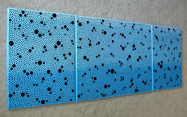 Three Panel Painting - Black Dots On Blue Gradient Background