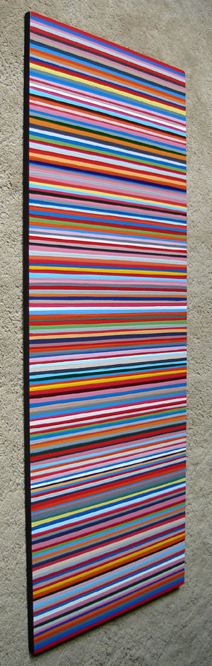 Original Multi Color Red, Blue, Orange And Pink Stripes Painting Hanging Vertically