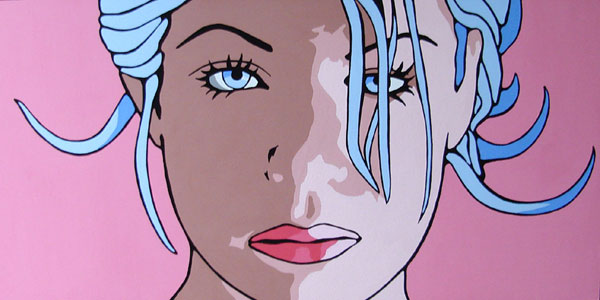 Original Pop Art Portrait Painting | Blue Hair on Pink Background